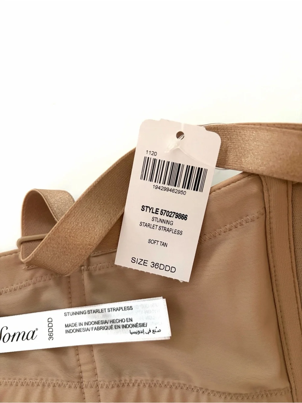 Soma Bra STUNNING Starlet Strapless Bra Convertable Color Soft Tan 36DDD